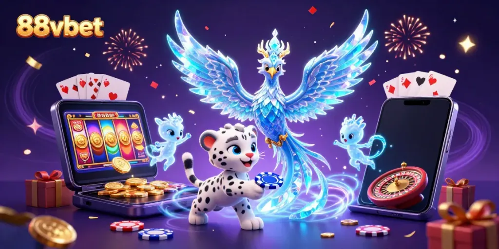 Engage in exciting games at 88vbet with an illustration showcasing vibrant characters and casino elements.