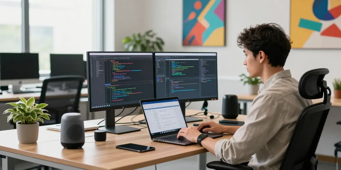 Developer coding on dual monitors in modern workspace emphasizing ia +18 tech innovation