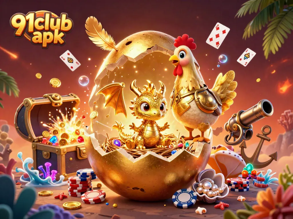 Experience thrilling gaming action with the 91club apk, featuring vibrant illustrations of a golden dragon and poker chips.