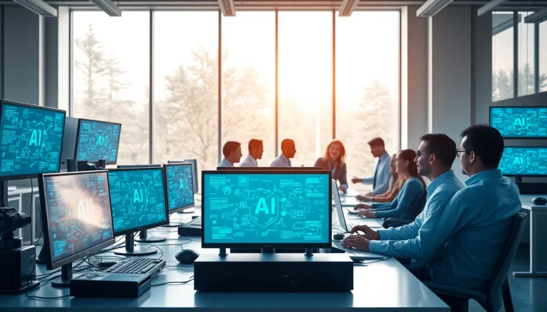 Innovative AI workspace showcasing technology and collaboration, highlighting the theme of ia +18.