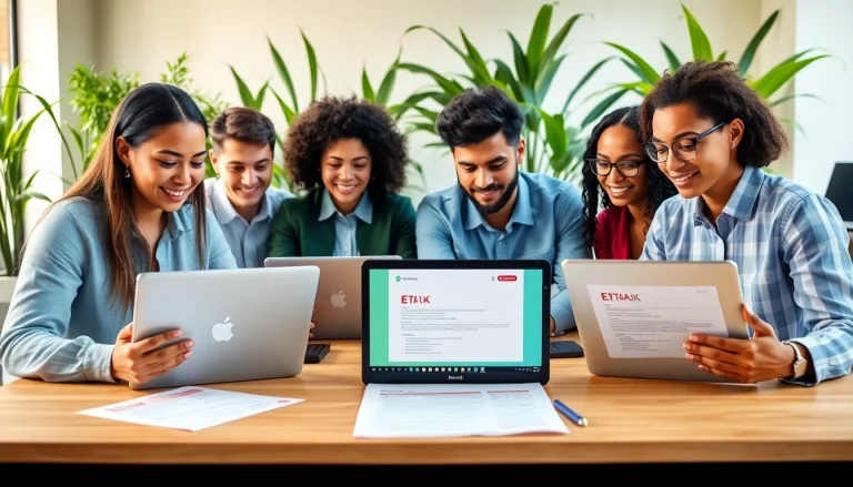 Individuals collaboratively filling out the eta uk application form in a modern office.