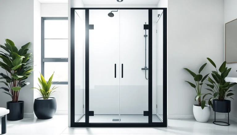 Stunning black shower door enhancing a modern bathroom with elegant design features.
