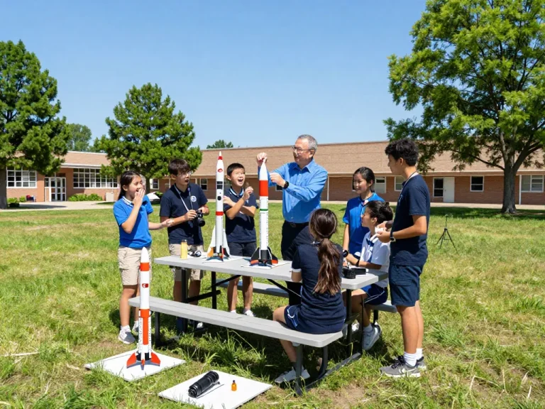 Students launching model rockets in a schoolyard, showcasing excitement and teamwork.