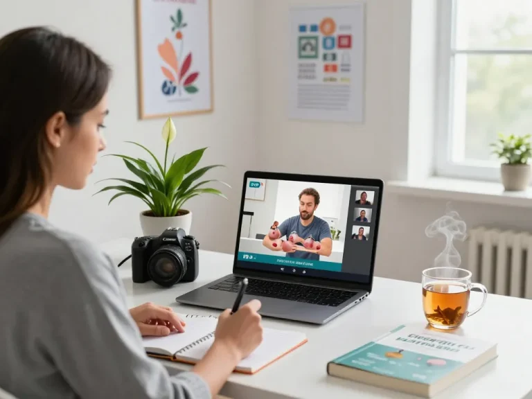 Engaging online Hijama course experience in a bright home office setting with tools for cupping therapy.