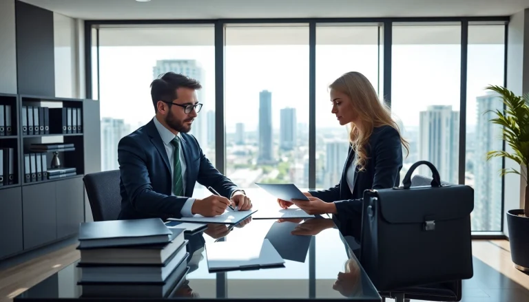 Business lawyer in the US collaborating with clients in a modern office in Miami, showcasing professionalism and trust.