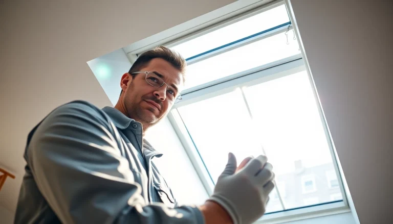 Velux repairs: Expert technician inspecting and repairing a skylight in a modern home.