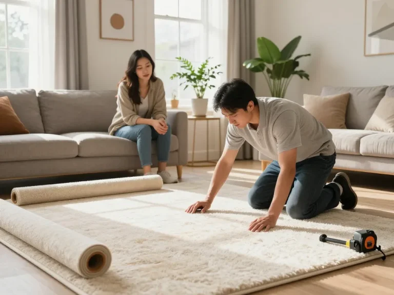 Home carpet fitting services being installed in a warm living room with natural light.
