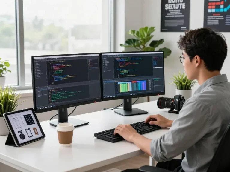 Developer engaged with code on dual monitors at https://1gom.farm/ workspace.