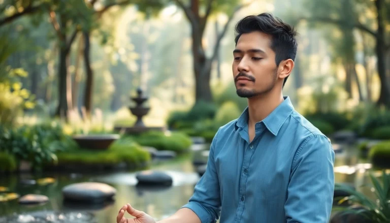 Meditation for mental wellness in a calming outdoor environment with lush greenery and water.