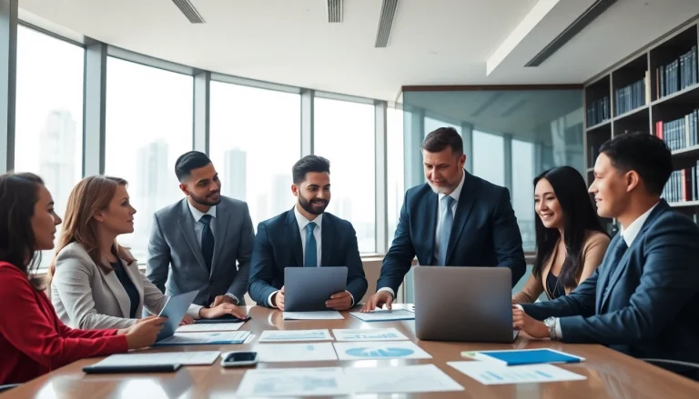 Business lawyer in the US strategizing with a diverse team in a modern office.