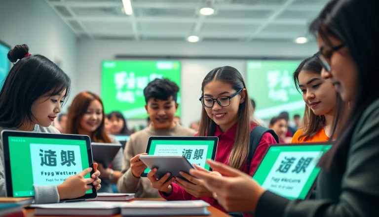 A dynamic educational scene illustrating students using the 有道 translation app for modern learning.