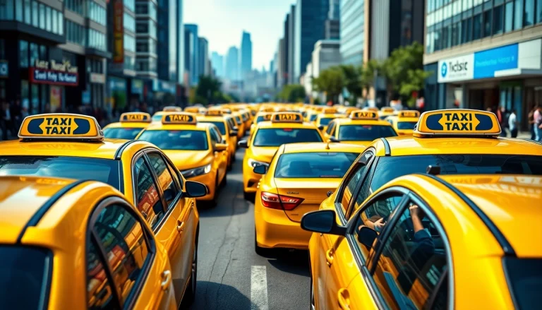 Cabs navigating through a vibrant cityscape, highlighting dynamic urban life.