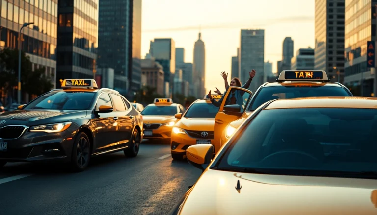 Catch a glimpse of modern taxis operating in a vibrant urban scene, showcasing dynamic transport.