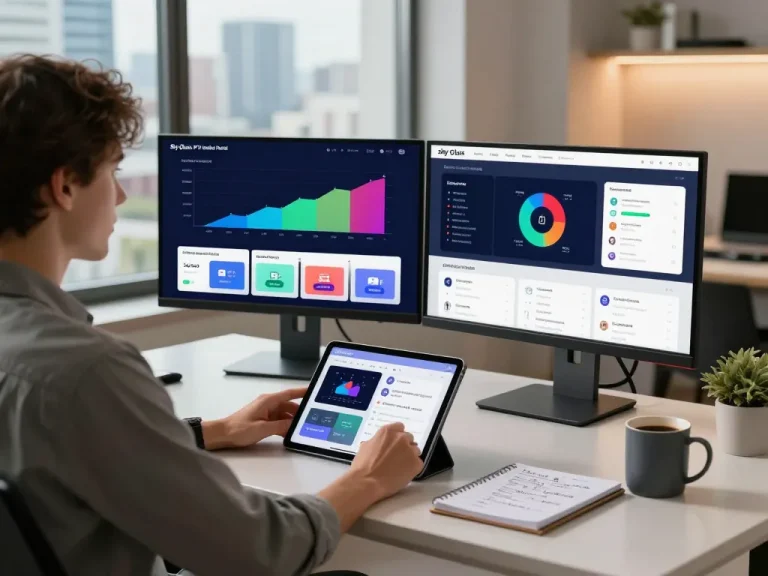Entrepreneur using the Sky Glass IPTV Reseller Panel to manage subscriptions in a modern home office.