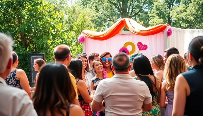 Engaging photo booth rental experience at a lively event with cheerful guests and colorful props.