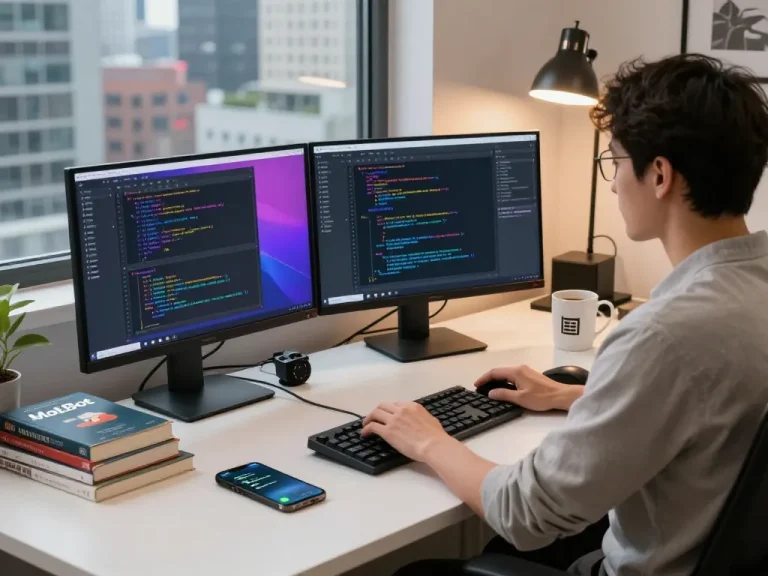 MoltBot AI workspace featuring a developer coding with dual screens and smartphone notifications.