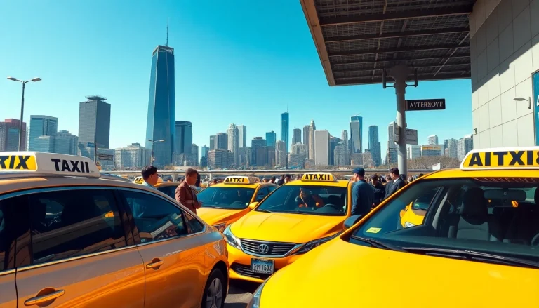 Taxis waiting at a busy urban stand with passengers, capturing city life and vibrant energy.
