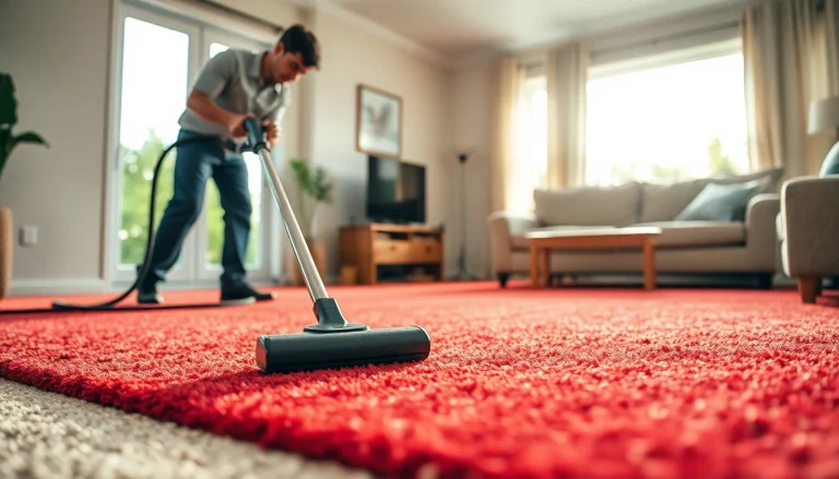 Efficient carpet cleaning in Glasgow by a professional technician in a bright living room.