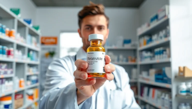 Pharmacist presenting Retatrutide prescription in a bright pharmacy setting.