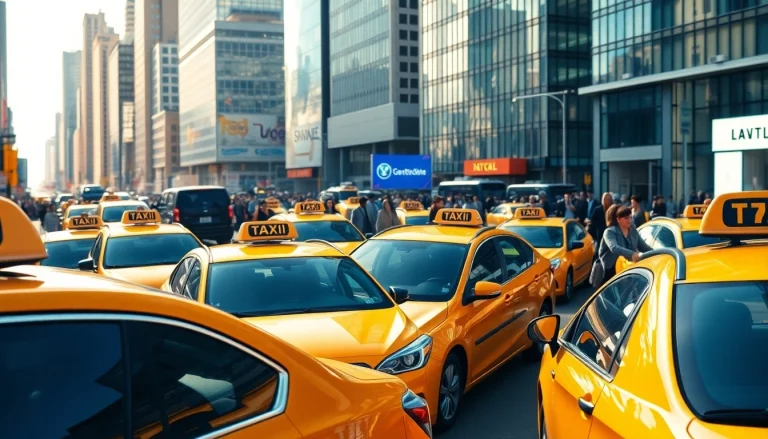 Taxis navigating a vibrant urban landscape showcasing city life and modern architecture.