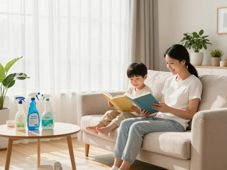Home hygiene & allergy awareness sites showcasing a cozy living room with a family enjoying a clean, inviting space.