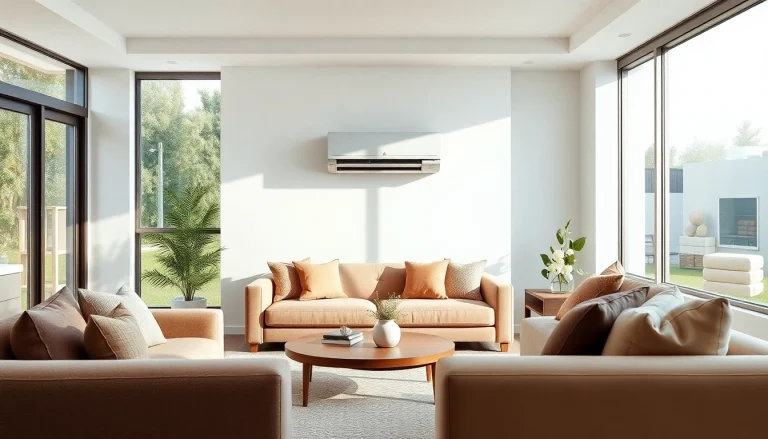 Showcase of a mitsubishi mini split ac installed in a modern living room environment.