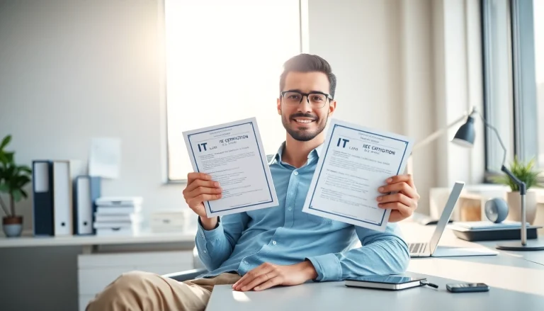 Showcasing IT certifications without studying held confidently by an individual in a modern workspace.