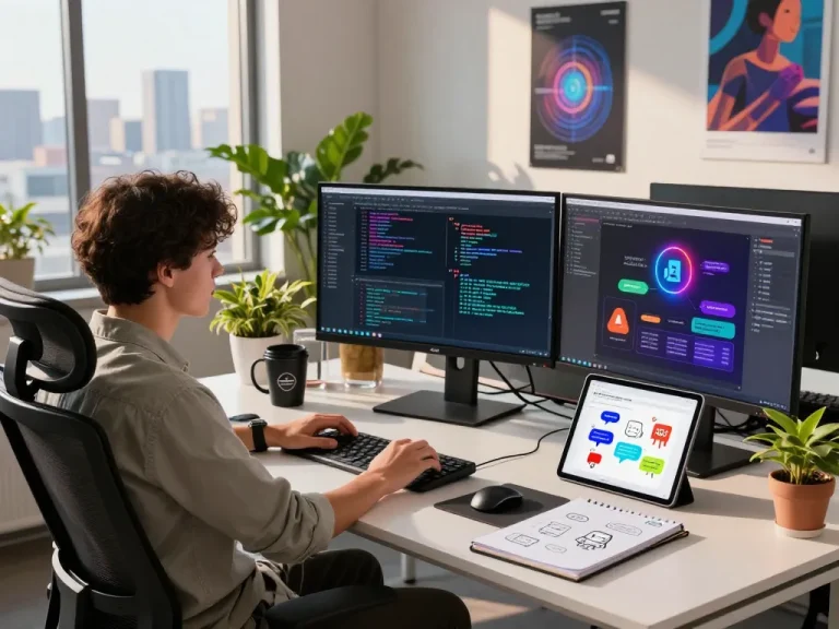AI developer showcasing Spicy AI chatbot technology in a modern workspace