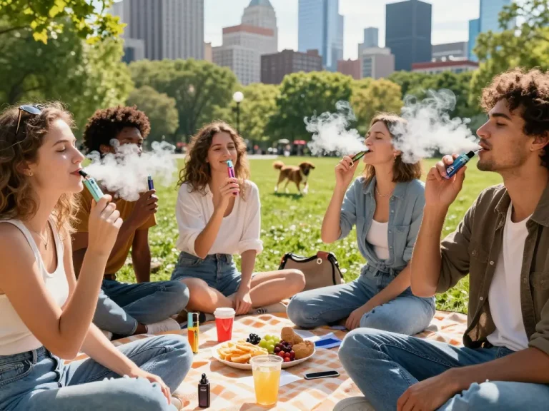 Young adults celebrating friendship while using Clean Carts Official Website disposable vapes in a sunny park, showcasing a lively vaping culture.