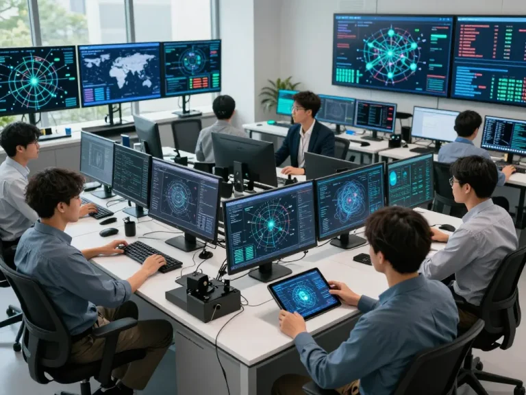 Optimizing快连's global network performance in a high-tech operations center with IT professionals monitoring real-time data.