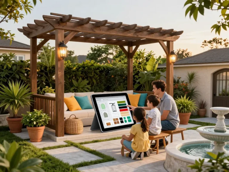 A family using a pergola configurator on a tablet while designing their dream outdoor space.