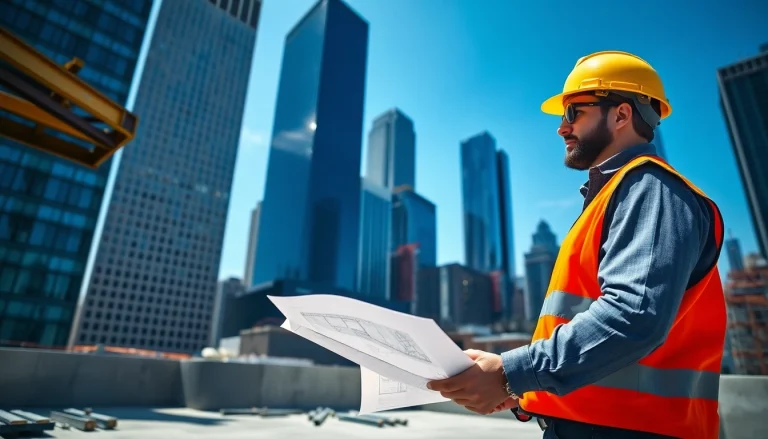 New York City General Contractor reviewing plans on a busy construction site with skyscrapers.