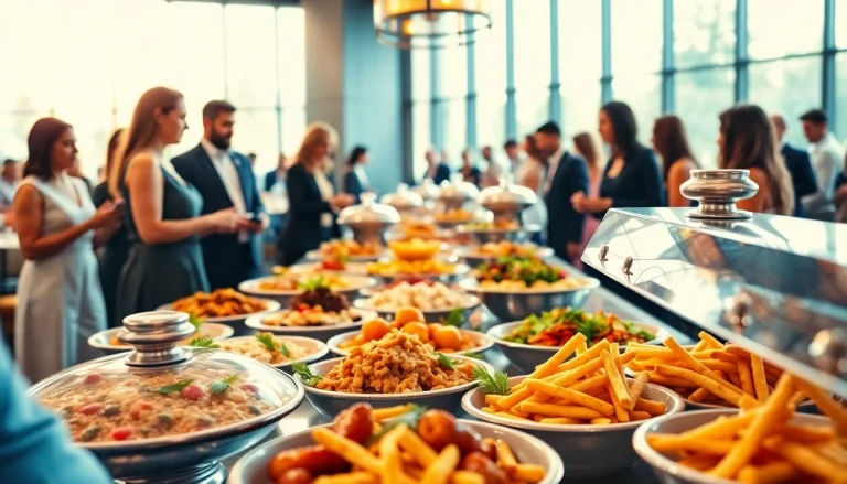Cateringhirelondon showcases a vibrant buffet with beautiful dishes and attentive staff in a stylish setting.