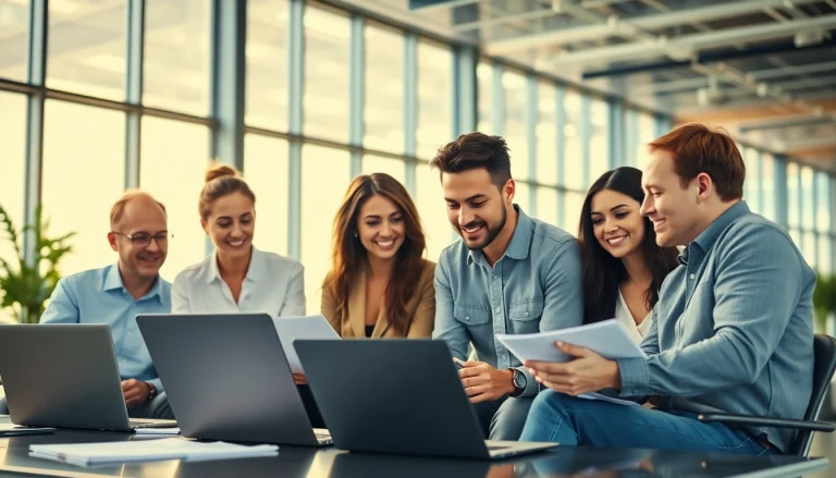 Team collaborating for an Ideal career discovery in a bright office setting.