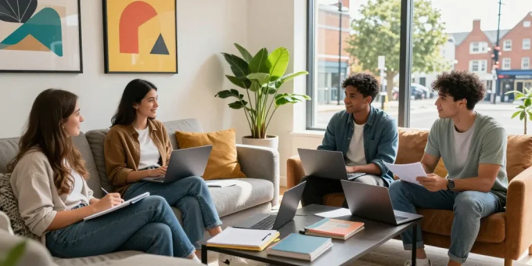 Students enjoying their time in modern Northampton Student Accommodation, studying together in a bright, inviting living area.