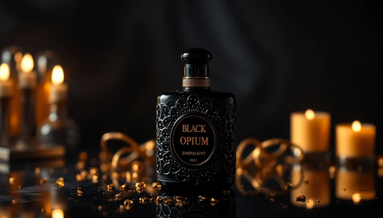 Promote the Black opium fragrance with an elegant display of its black bottle and lavish setting.