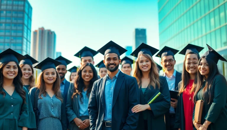 Graduates celebrating their achievement in an urban environment with diplomas and caps.