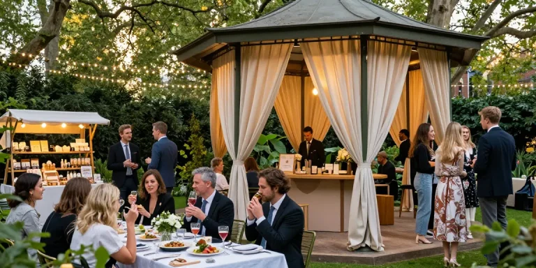Beautiful outdoor event with gazebo hire in London set up for a garden party, showcasing a festive atmosphere with guests enjoying gourmet food.