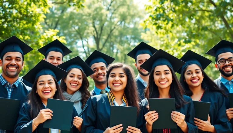 Graduates celebrating achievements with smiles and diplomas outdoors, radiating joy.