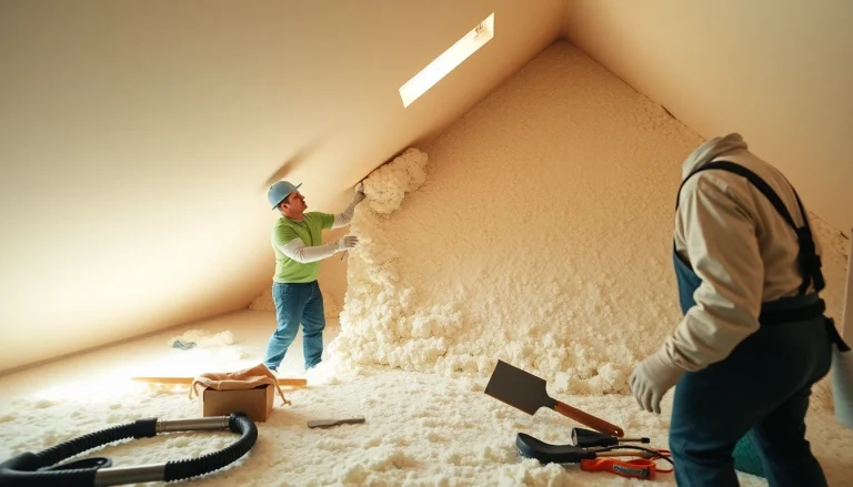 Efficient spray foam loft removal process by technicians in a cozy home setting.