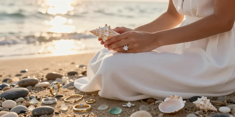 Platinum engagement ring lab grown diamond shines beautifully at a beach, surrounded by coastal jewelry.