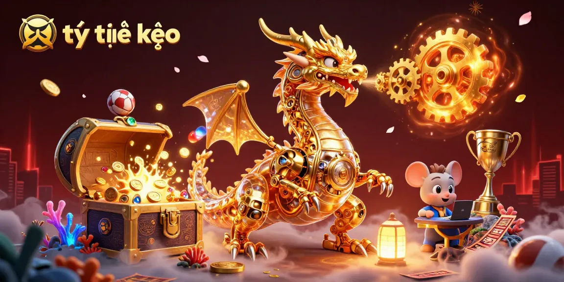Engage in thrilling sports betting with tỷ lệ kèo visuals showcasing energetic golden dragon and vibrant treasures.