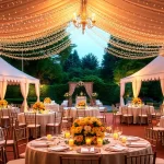 Elegant wedding reception setup featuring tents, lights, and floral arrangements highlighted by https://www.casablancahire.co.uk/.