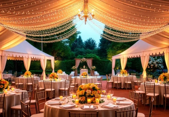 Elegant wedding reception setup featuring tents, lights, and floral arrangements highlighted by https://www.casablancahire.co.uk/.