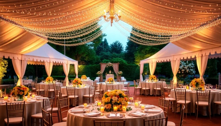 Elegant wedding reception setup featuring tents, lights, and floral arrangements highlighted by https://www.casablancahire.co.uk/.