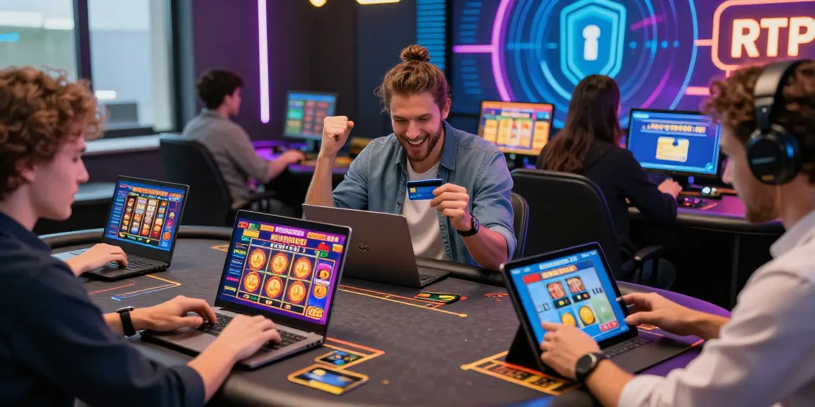 Engaging scene of players at jumpspace credit card casinos with vibrant game interfaces and diverse activities.