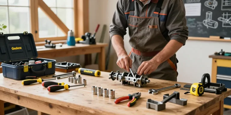 Tradesperson expertly using Gedore tools in a vibrant workshop.