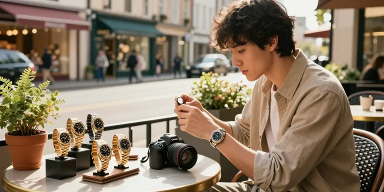Person admiring a luxury rolex replica watch at a café, showcasing urban lifestyle.