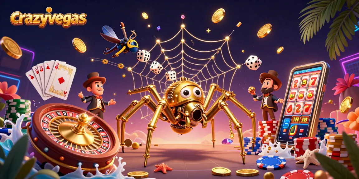 Engage with crazyvegas as a golden spider ensnares unlucky dice amidst cascading coins, vibrant poker elements, and thrilling gameplay.