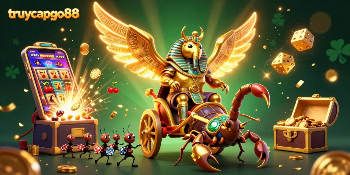 Experience epic jackpots at truycapgo88 with golden beetles and scorpions in vibrant casino chaos.